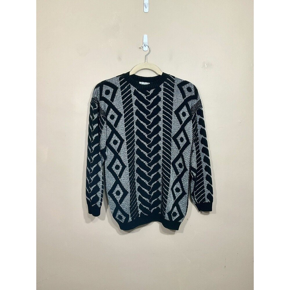 VTG Jane Adams Womens Shimmery Geometric Print Sweater OS Silver Black 80s Glam